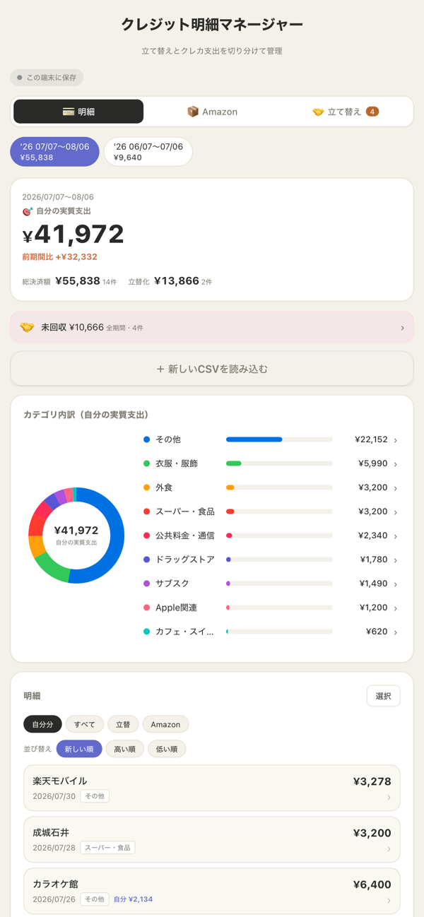 クレカ明細の集計画面(スマホ)