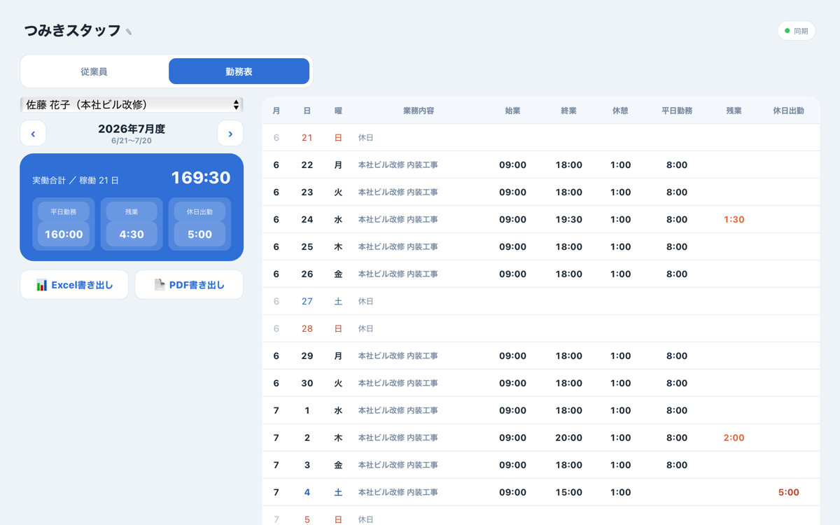 打刻管理アプリ PC版の勤務表・集計画面