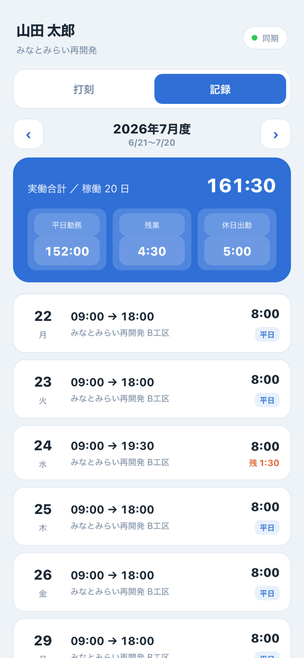 打刻アプリの勤務記録画面（スマホ）