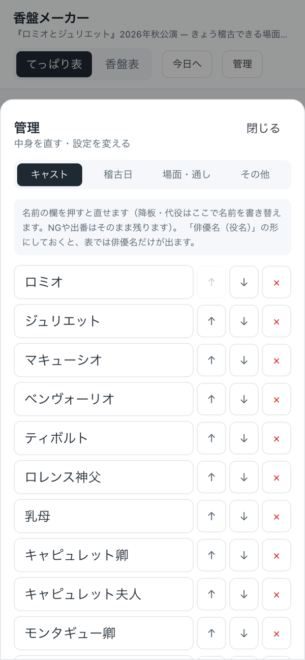 香盤メーカーのキャスト(役)の登録画面